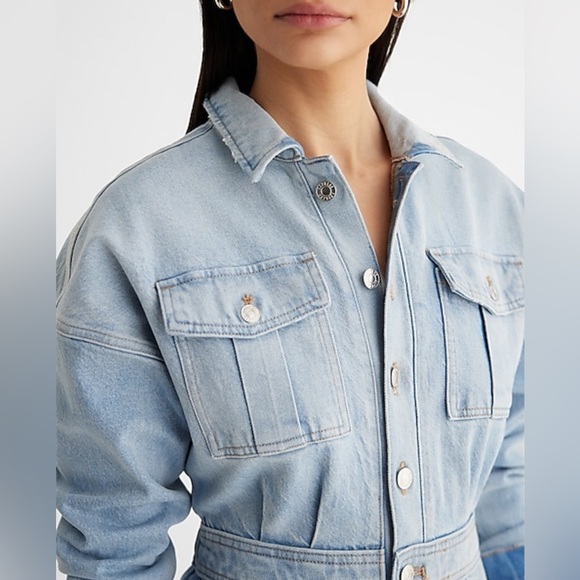 Express Slight Distressed Denim Relaxed Ankle Straight Leg Jumpsuit SZ S - NWOT - Picture 3 of 7